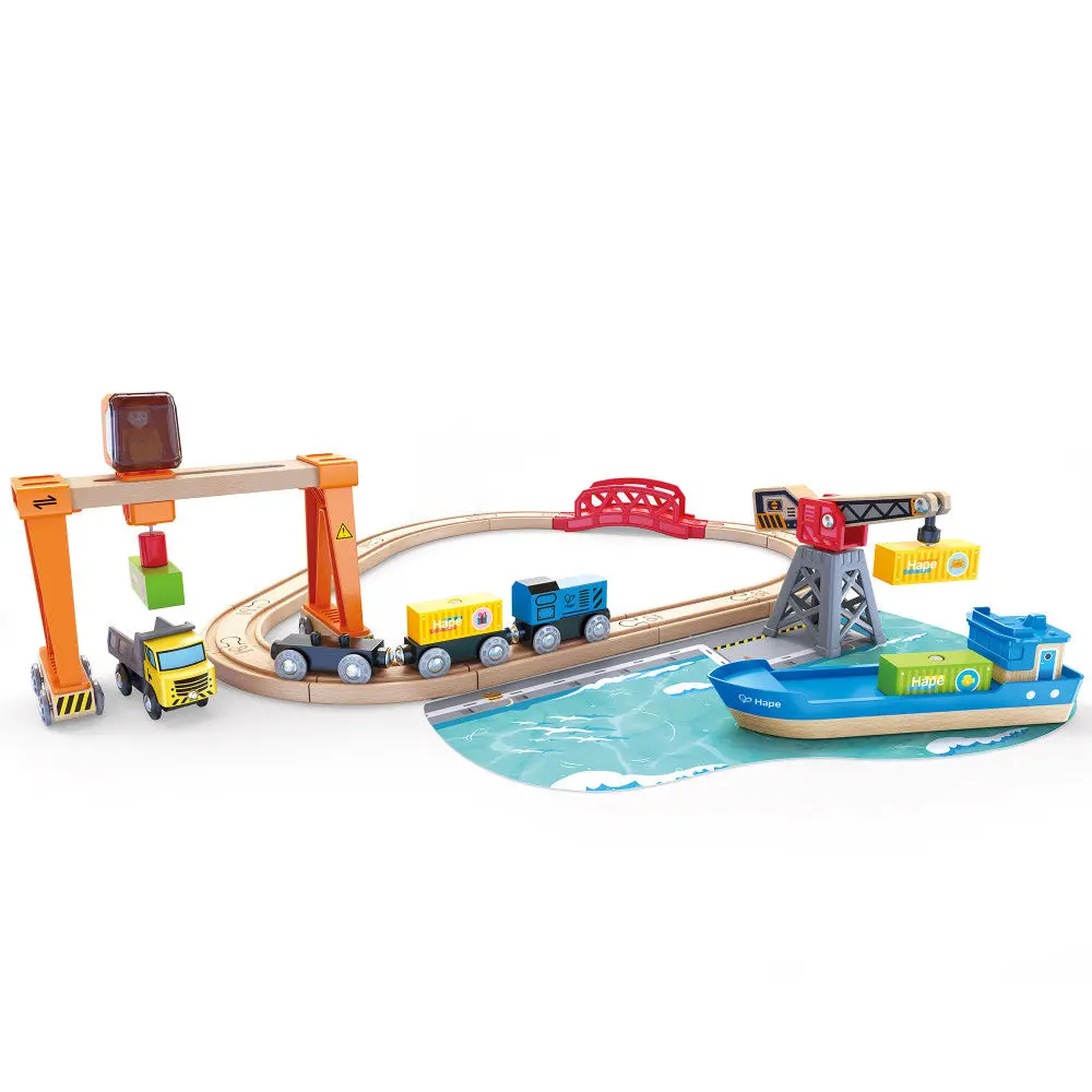 Hape Lift & Load Harbor Set - 25-Piece Land & Water Wooden Train Playset 1