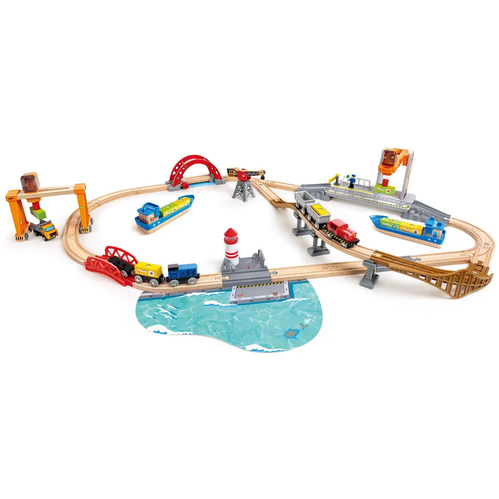 Hape Lift & Load Harbor Set - 25-Piece Land & Water Wooden Train Playset 2