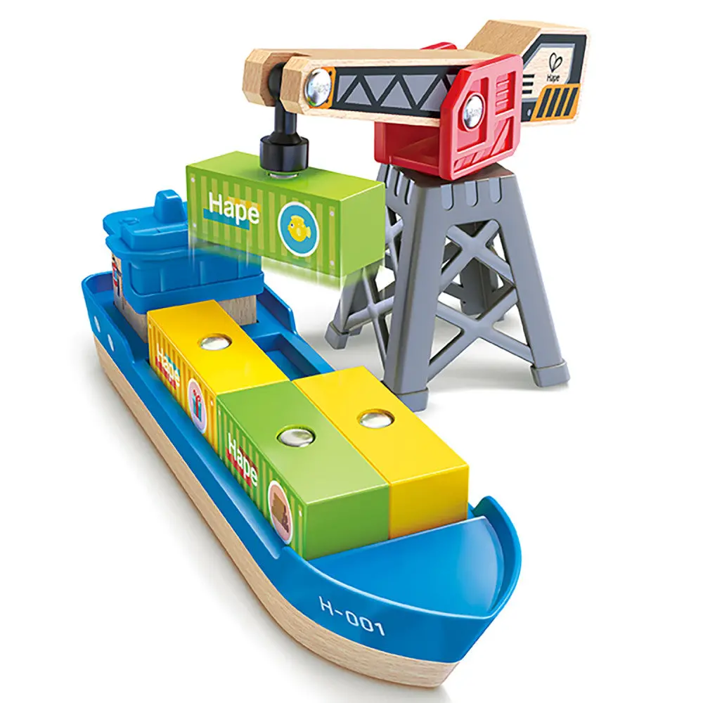 Hape Maritime Cargo Ship & Crane - 6 Pc Magnetic Train Set Playset 1