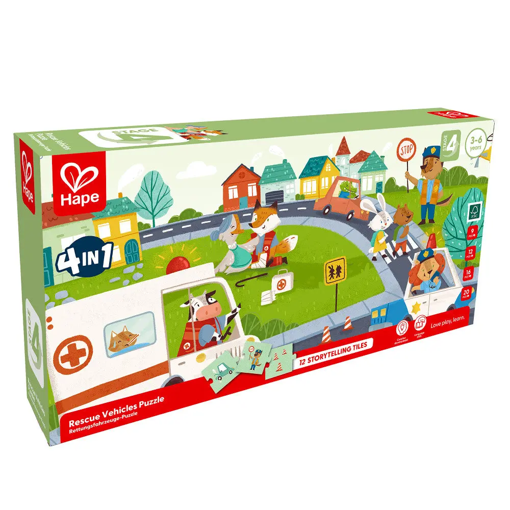 Hape Colorful Rescue Vehicles 4-In-1 Puzzle Set 1