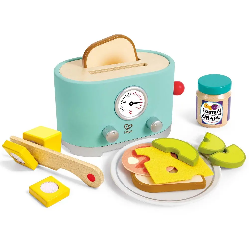 Hape 15Pc Ding & Pop-Up Toaster - Teal Wooden Food Playset 1