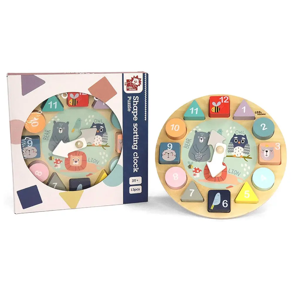 Leo & Friends Wooden Shape Sorting Clock Puzzle - 13Pc Colorful Educational Set 1