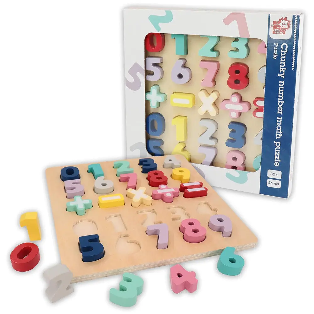 Leo & Friends Colorful Wooden Chunky Number Math Puzzle - 26 Pieces, Learning Toy 1