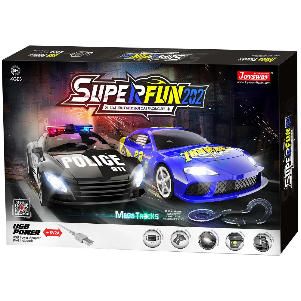 Joysway Superfun 202 - 1/43 Scale Usb-Powered Slot Car Racing Set With Led Headlights And Lap Counter 1