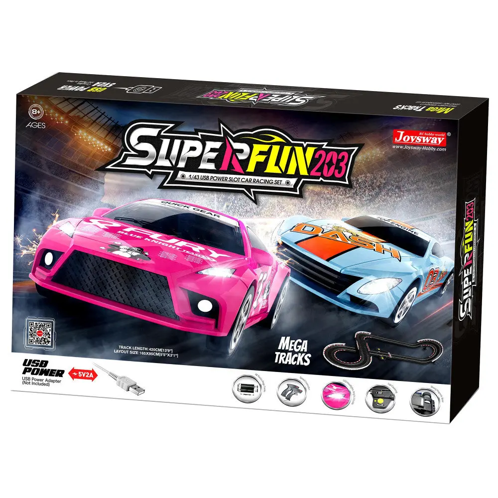 Joysway Superfun 203 - 1/43 Scale Usb-Powered Slot Car Racing Set With Led Headlights And Lap Counter 1