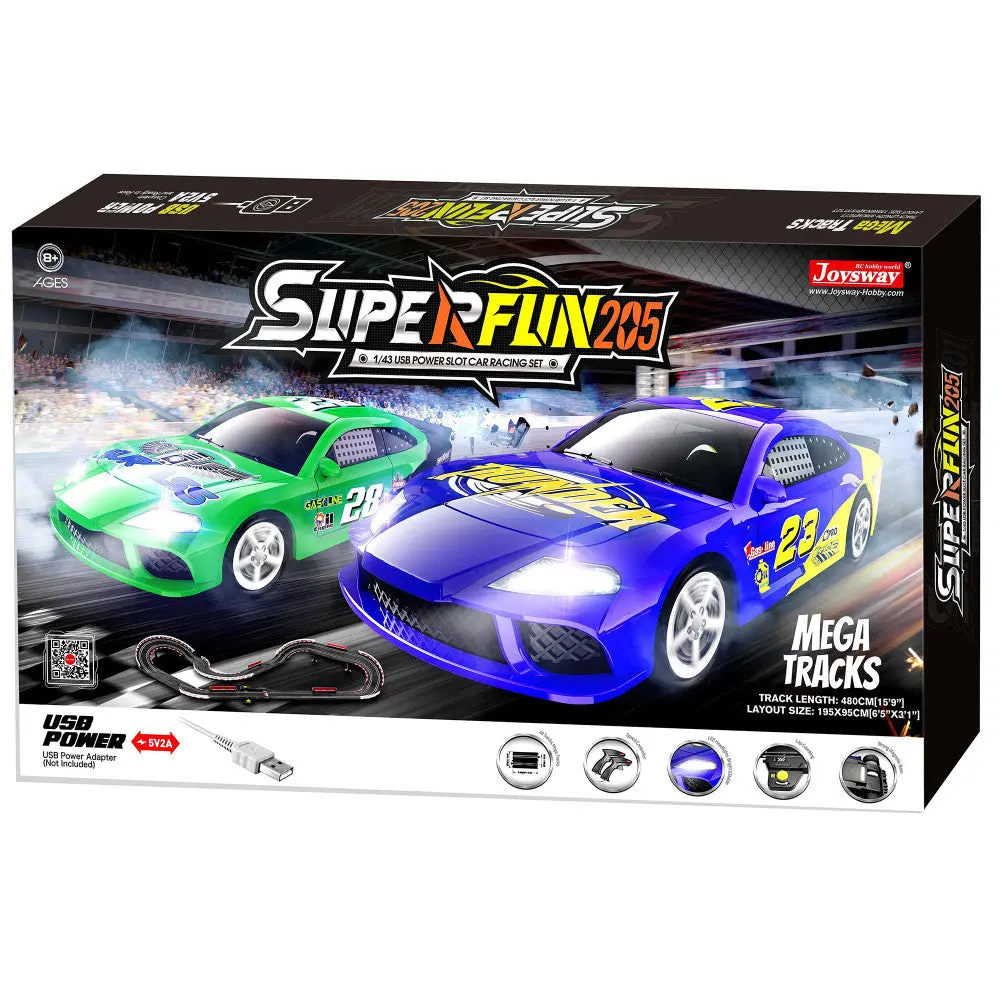 Joysway Superfun 205 1:43 Scale Usb-Powered Slot Car Racing Set With Led Headlights 1