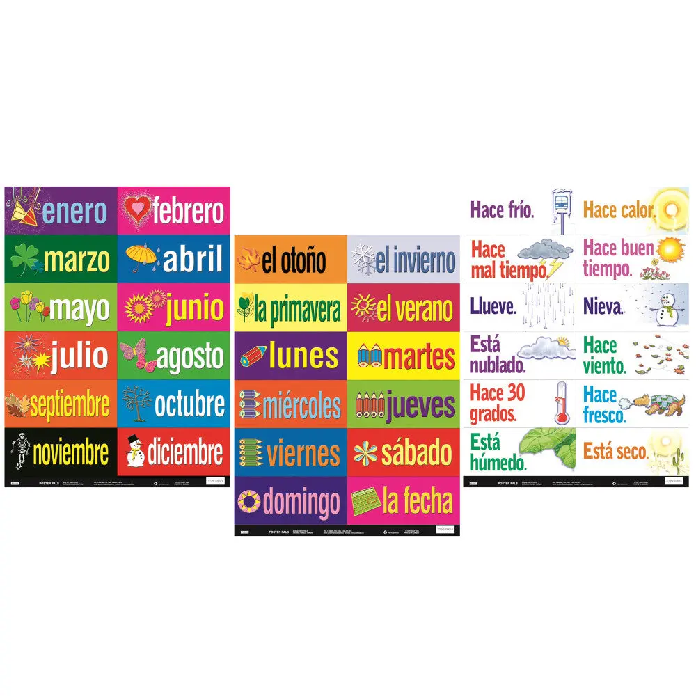 Poster Pals Spanish Vocabulary Teaching Chart Set, 36 Laminated Cards 1