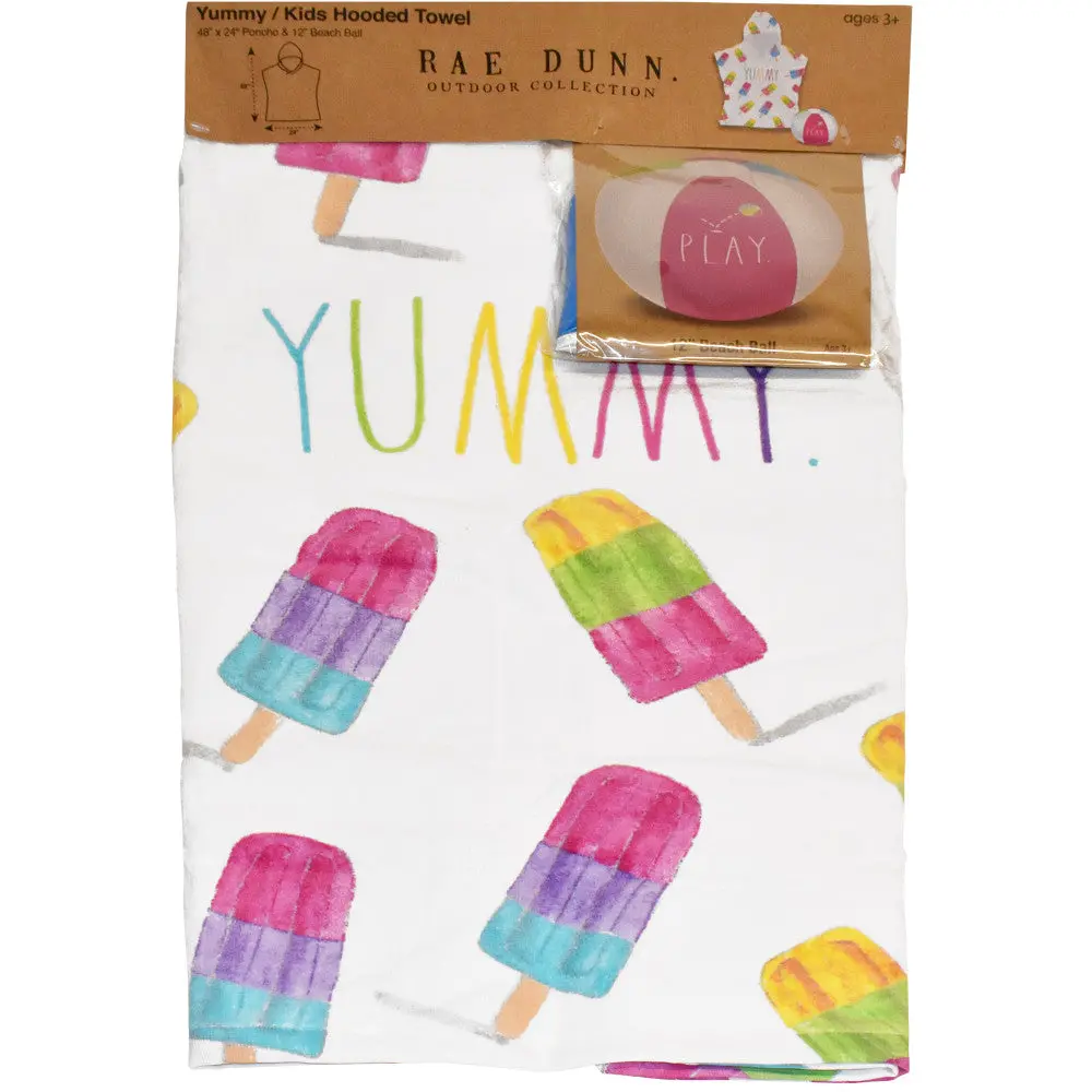 Rae Dunn Yummy Kids Popsicle Hooded Towel & Beach Ball Set - 48"X24" Cotton Terry Poncho For Toddlers 1