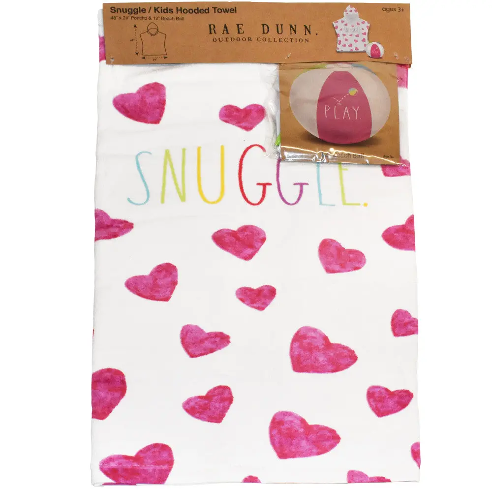 Rae Dunn Snuggle Kids Hooded Towel & Beach Ball Set - Hearts 48"X24" Cotton Terry Poncho 1