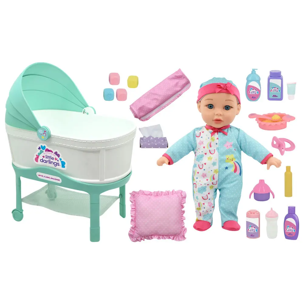 Little Darlings 12-Inch Bassinet Baby Doll Set - Teal, Pink, Stars 1