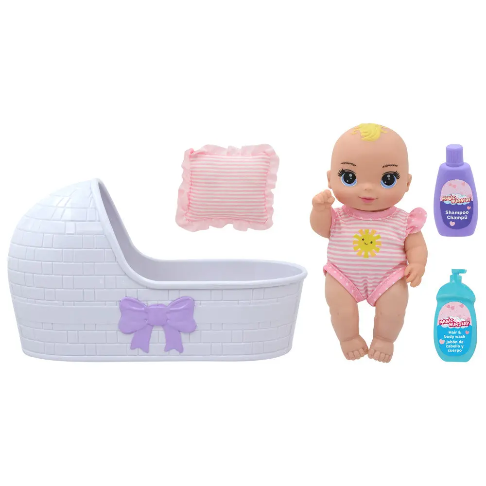 Magic Nursery 8" Baby Doll & Bassinet Gift Set - Pink & White Stripes 1