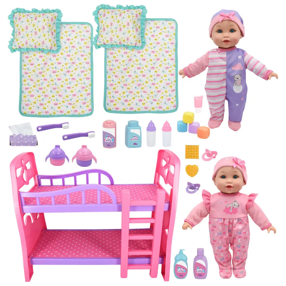 Little Darlings 12" - Twin Dolls Bedtime Fun Set 29Pc - Pink, Purple, Green - Playset For Kids Ages 2+ 1