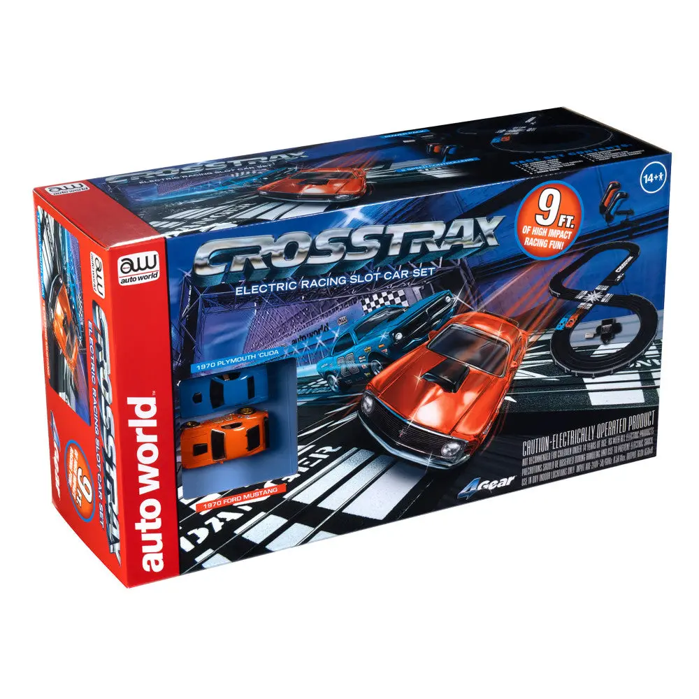 Auto World Crosstrax 9' Slot Car Race Set With Plymouth Cuda & Ford Mustang 1