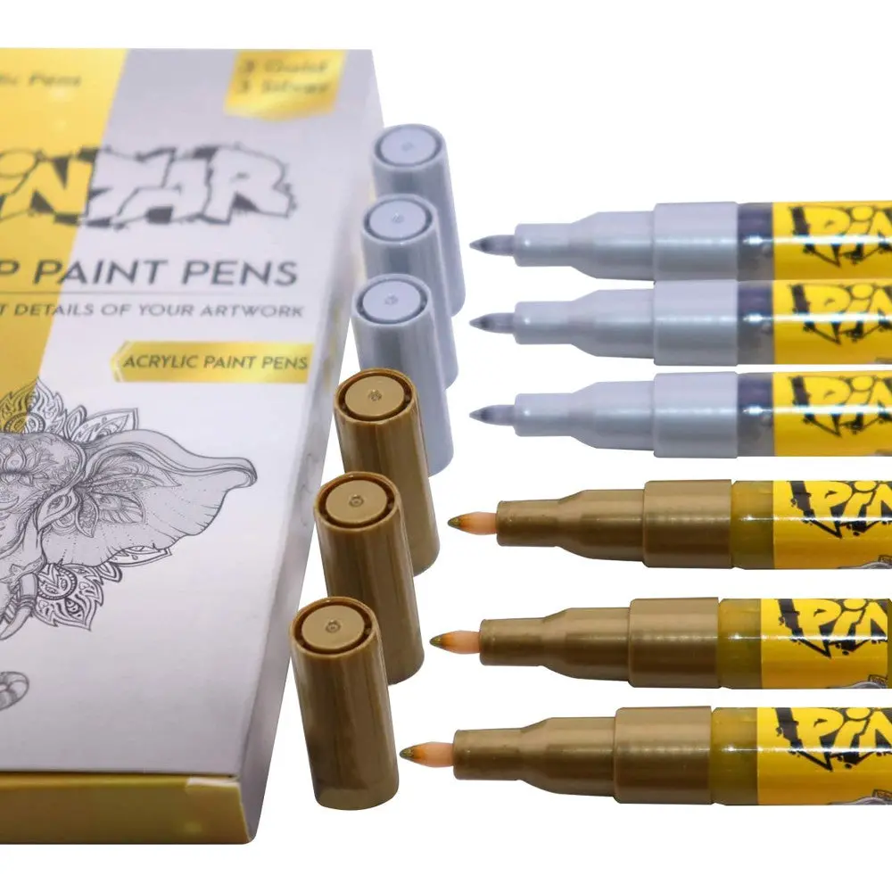 Pintar Craft Extra Fine Acrylic Paint Markers - Gold & Silver, 6 Pack 1