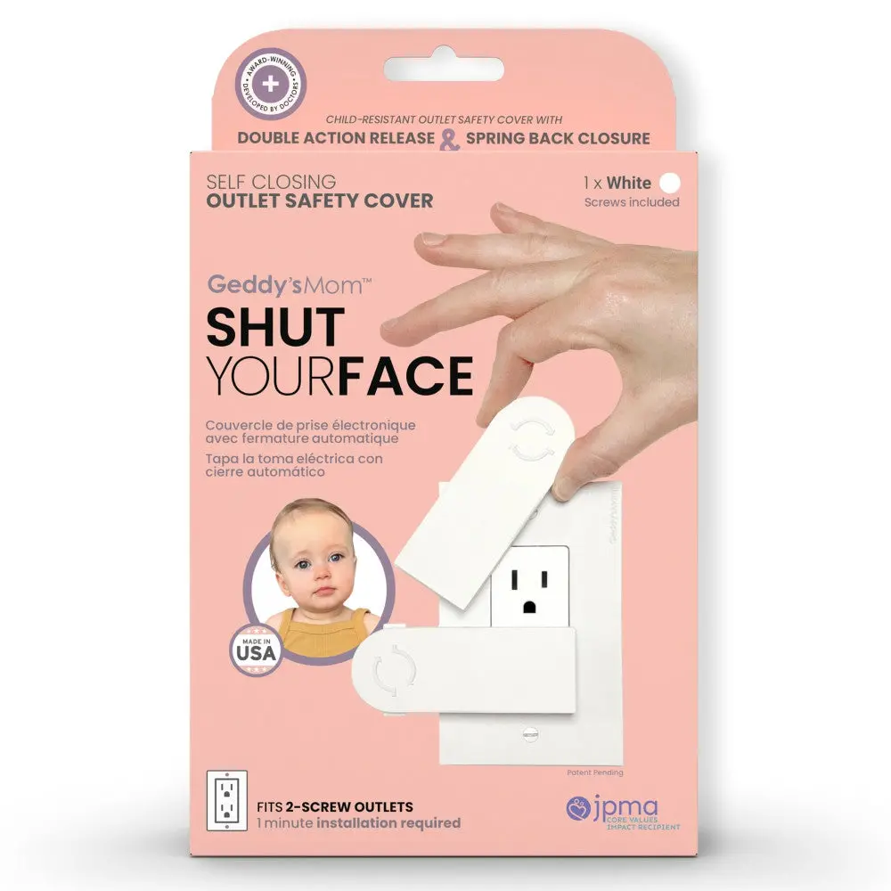 Geddy's Mom: Shut Your Face - White - Self-Closing Outlet Safety Cover 1