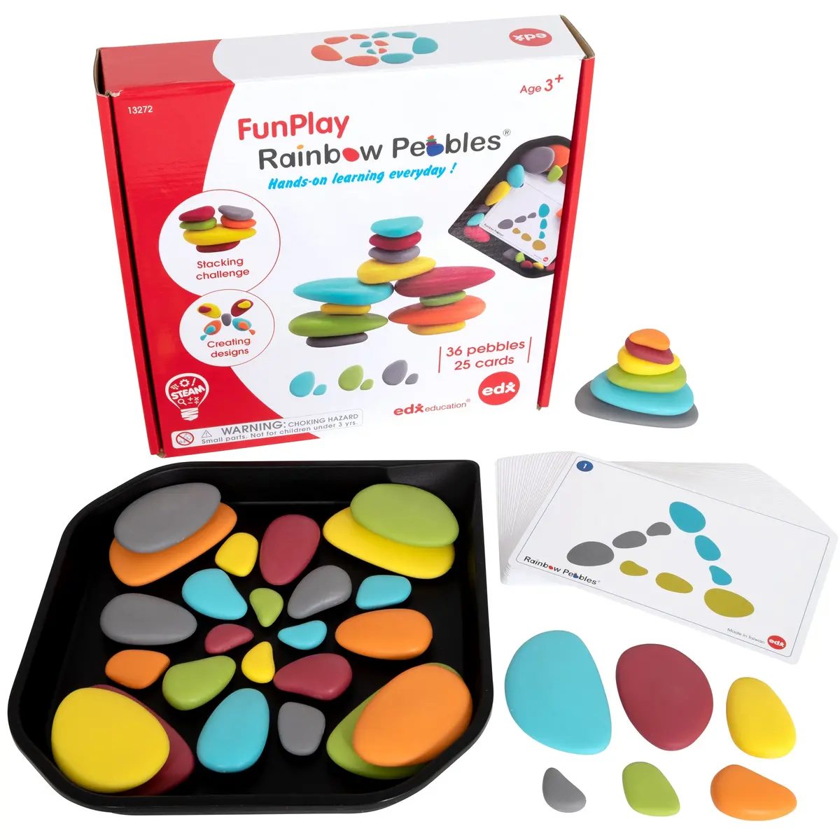 Edxeducation Rainbow Pebbles - Early Math Manipulative And Construction Toy - Set Of 36 Pebbles, 50 Activities, And Tray 1