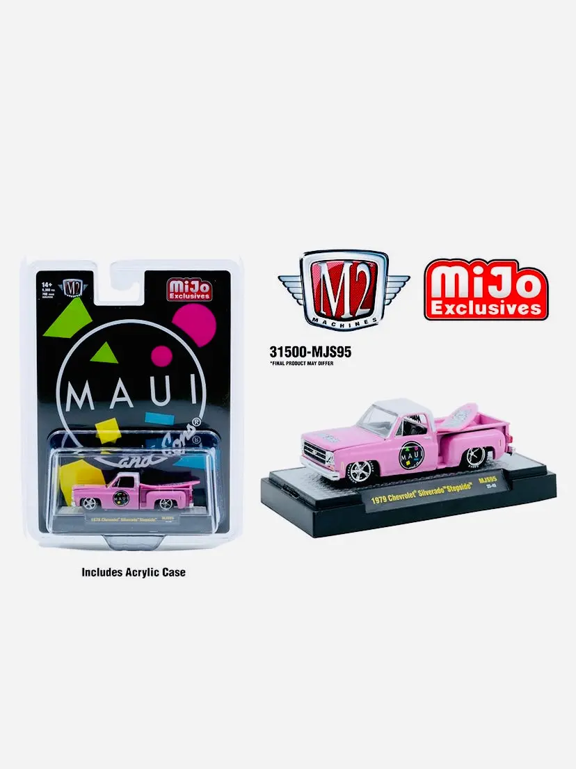 M2 Machines Mijo Exclusive 1979 Chevrolet Silverado Stepside Truck With Surfboard Maui & Son In Pink 1