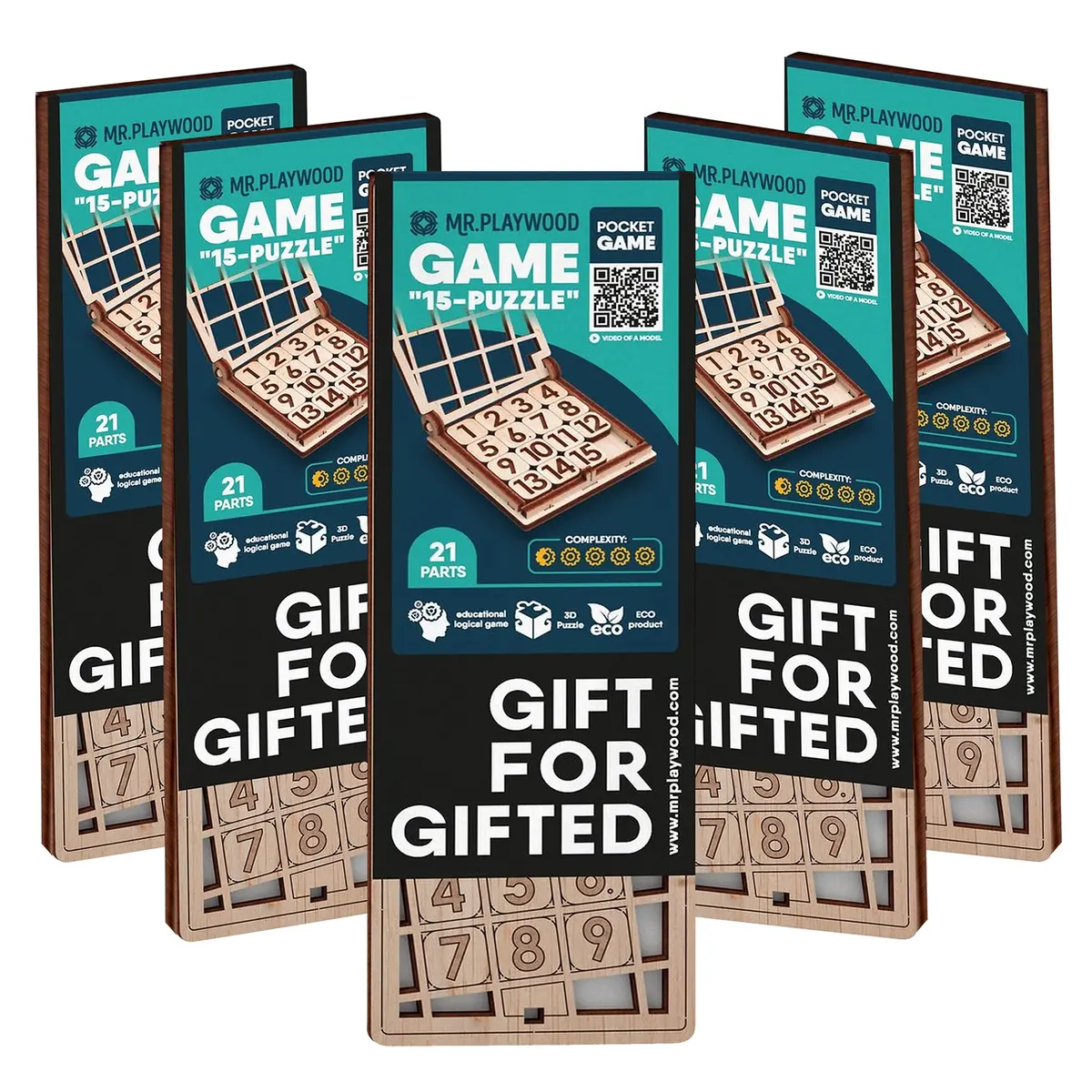 Mr.Playwood Fifteen Game 5-Pack Wooden Stem 3D Puzzles - 15 Pc 1
