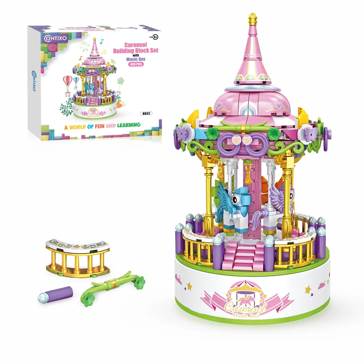Contixo Bk02 Metallic Pink Carousel Building Block Set With Music Box - 488 Pcs 1