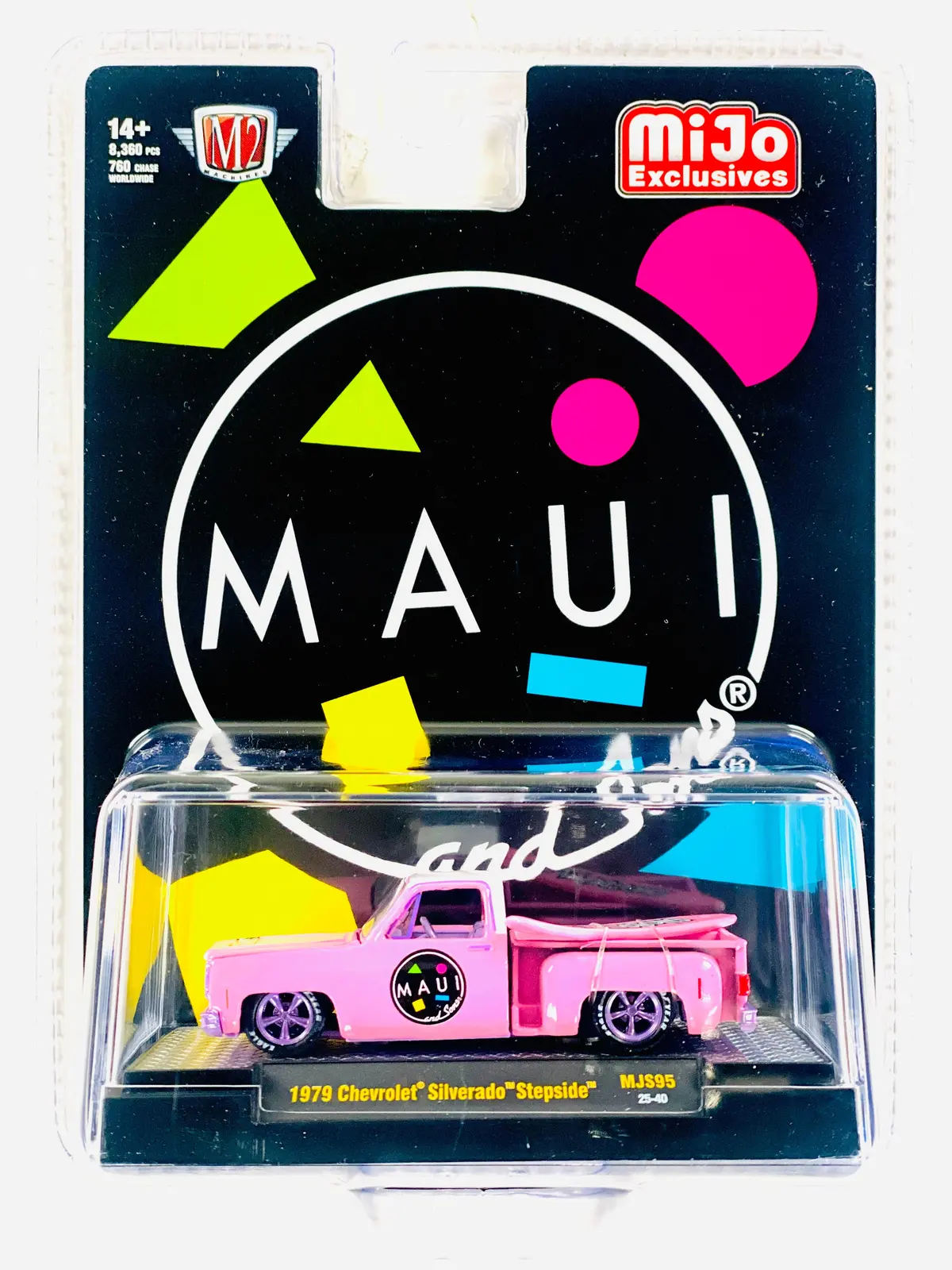 M2 Machines Mijo Exclusive 1979 Chevrolet Silverado Stepside Truck With Surfboard Maui & Son In Pink Chase 1