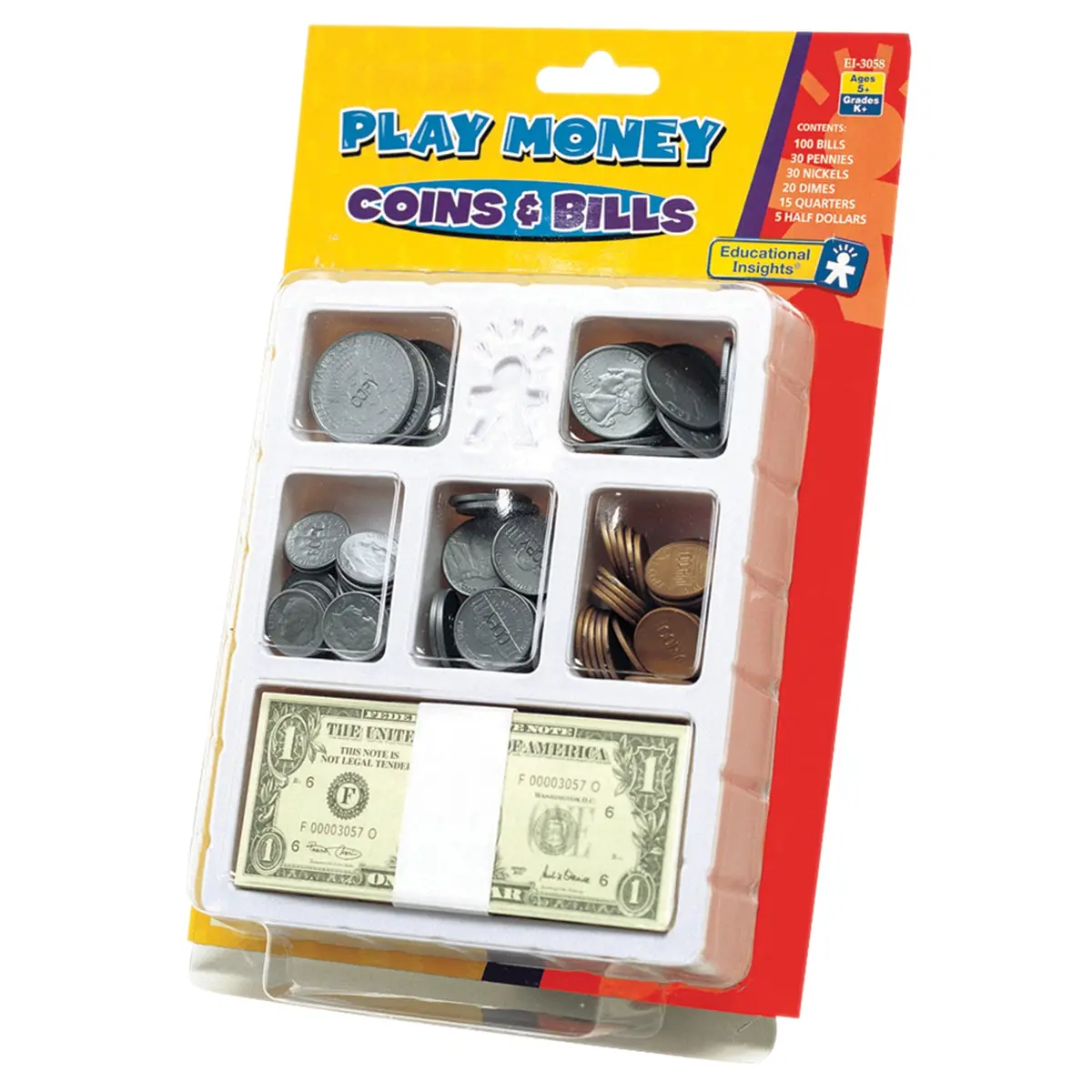 Educational Insights Play Money, Coins & Bills Tray - Realistic Pretend Cash Set 1