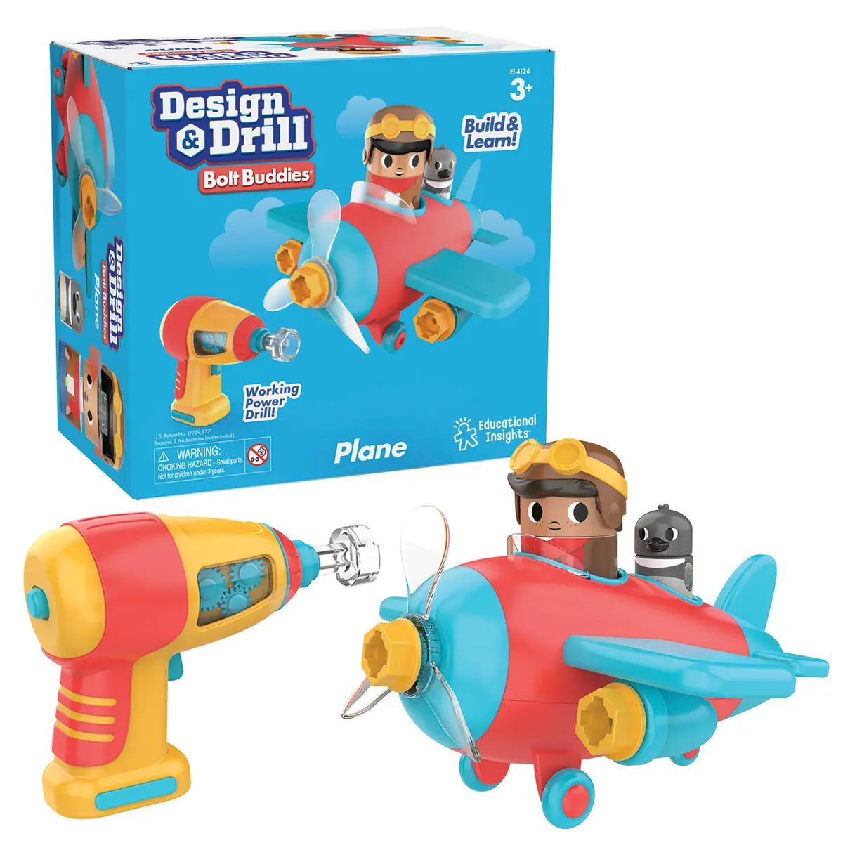 Educational Insights Design & Drill Bolt Buddies Plane - Kid-Safe Toy Drill 1