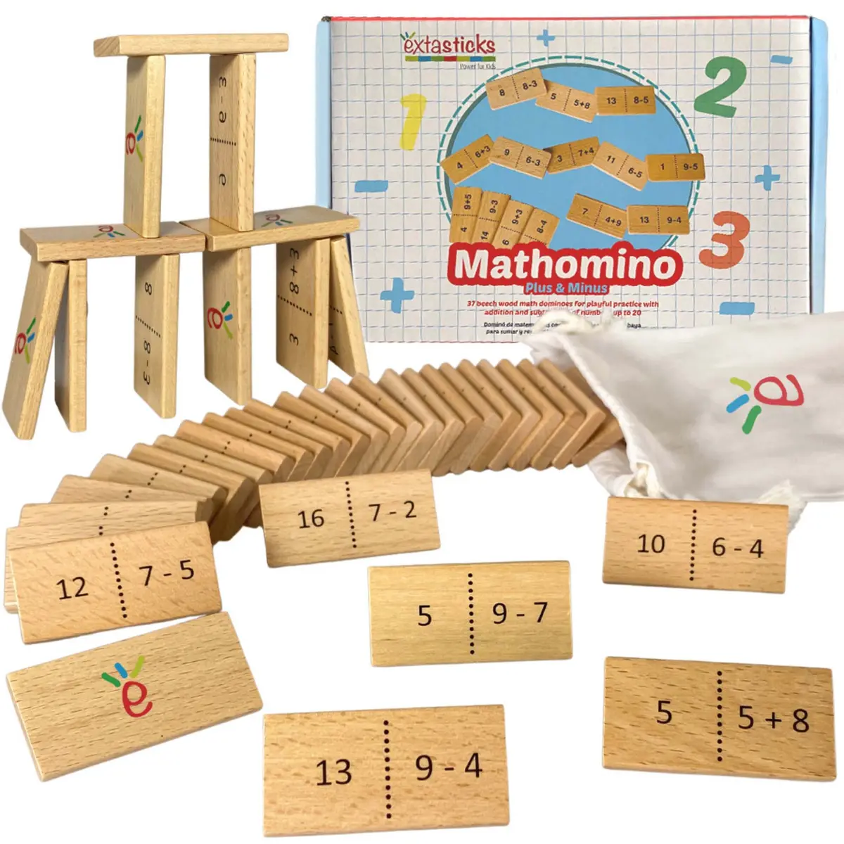 Extasticks Mathomino Plus & Minus Wooden Math Domino Game 1