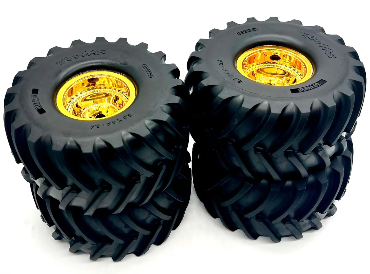X-Maxx Mt Bigfoot Gold Wheels & Tires 50Th Ed Factory Glued Traxxas 77097-4 1