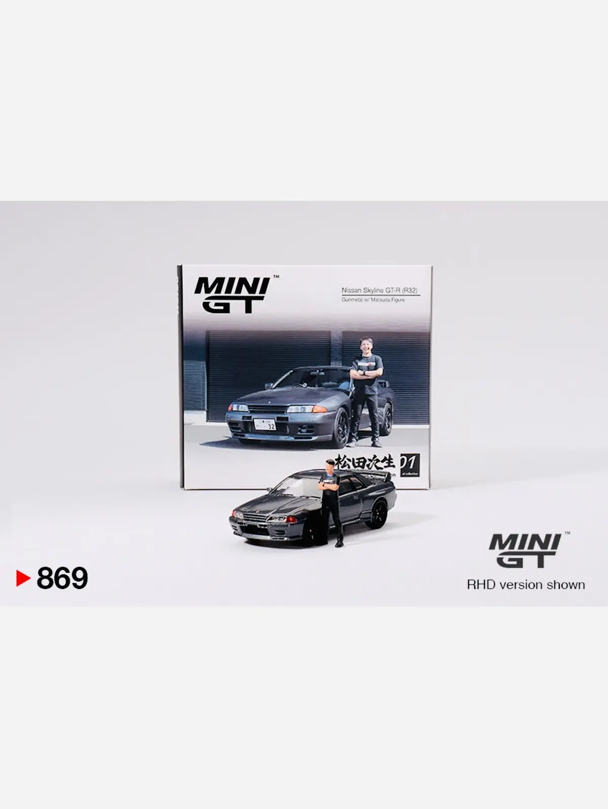 Mini Gt Mijo Exclusive Nissan Skyline Gt-R (R32) Nismo Gunmetal W/ Matsuda Figure Tsugio Matsuda Collection #869 1