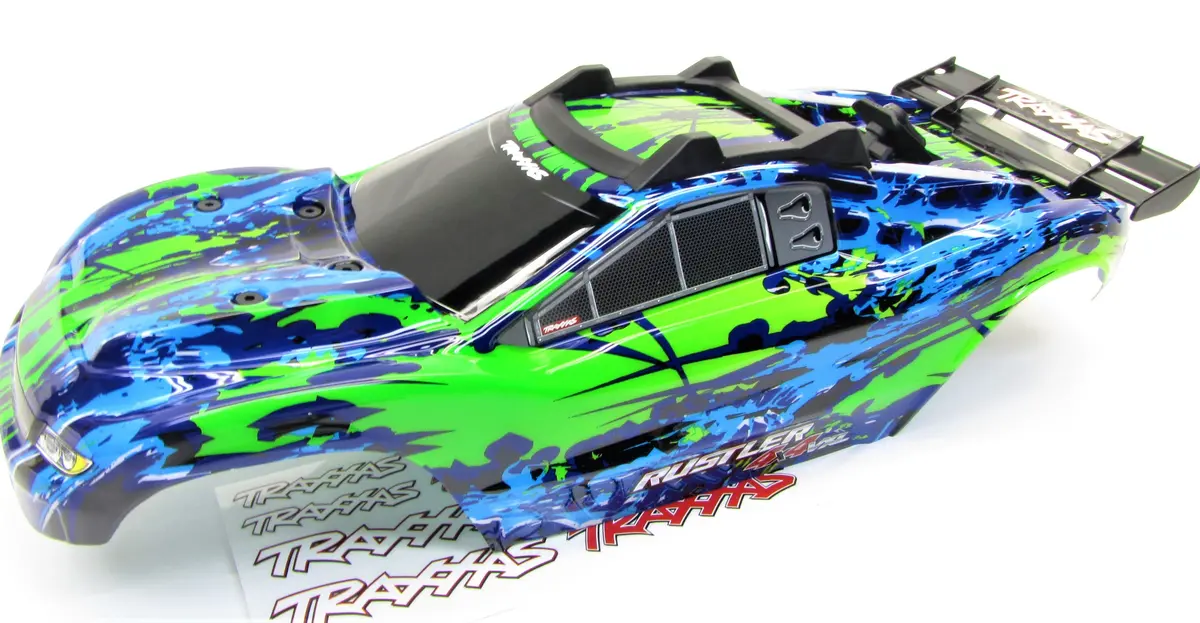 Rustler 4X4 Body Shell (Green & Blue Cover Shell Decals Clipless Mount Vxl 67076-4 1