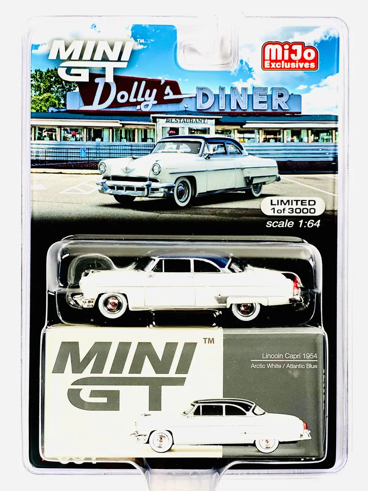 Mini Gt Mijo Exclusive Lincoln Capri 1954 Arctic White Atlantic Blue #631 - Damaged Blister 1