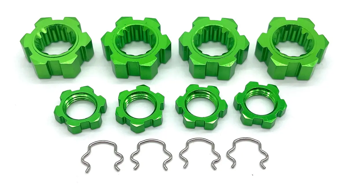 Xrt Ultimate Wheel Hubs, (Green 17Mm Splined Serrated Nuts & Hex Clips Traxxas 78097-4 1