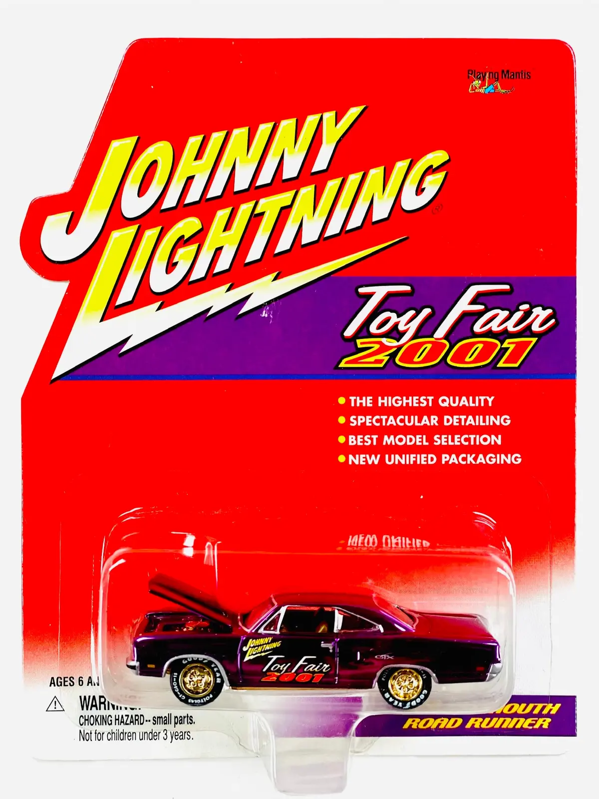 Johnny Lightning Playing Mantis 2001 Toy Fair 1970 Plymouth Road Runner - Damaged Card/Blister 1