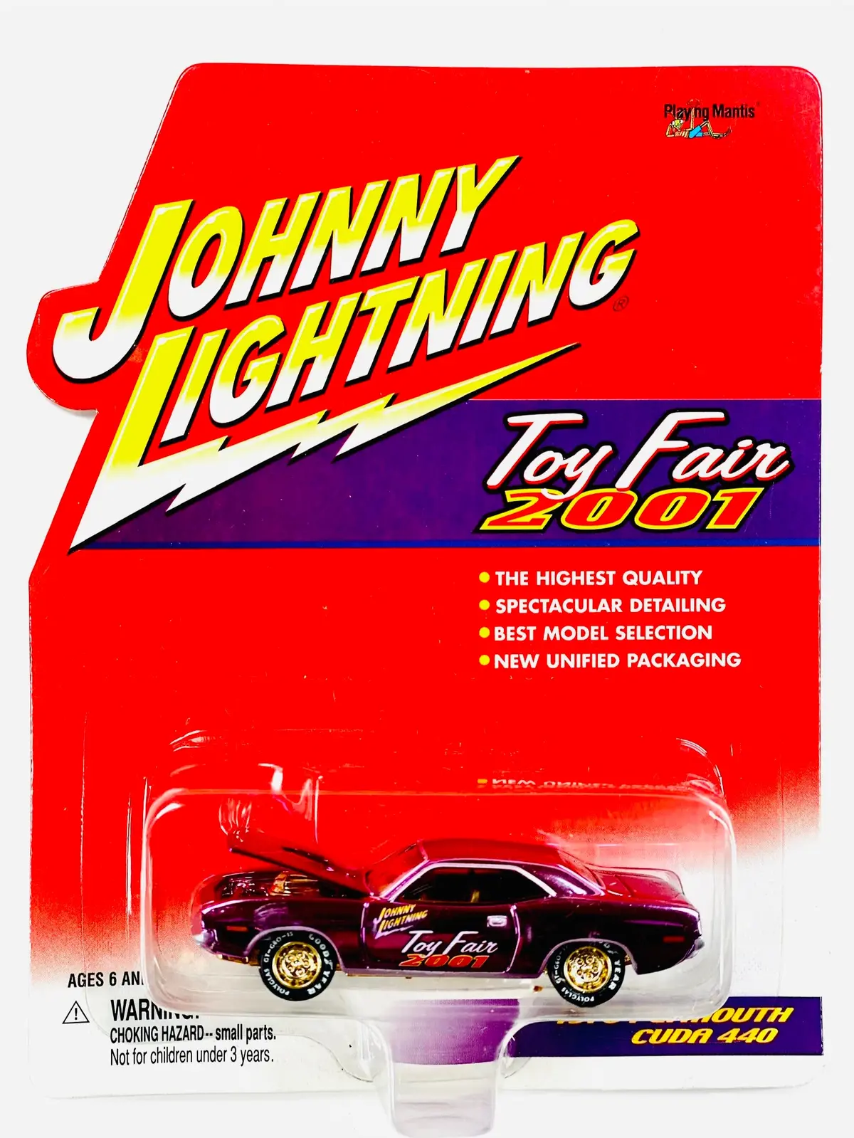 Johnny Lightning Playing Mantis 2001 Toy Fair 1970 Plymouth Cuda 440 - Damaged Card/Blister 1