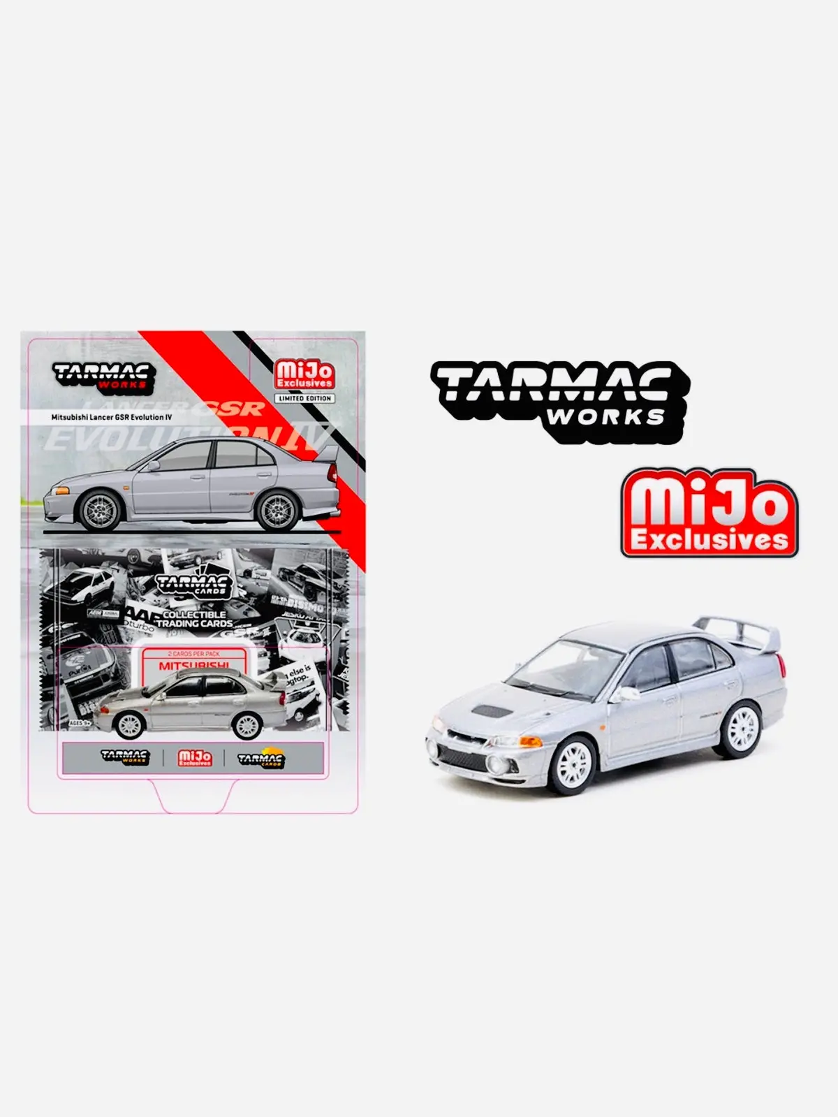 Tarmac Works Mijo Exclusive Mitsubishi Lancer Gsr Evolution Iv With Trading Cards Silver 1