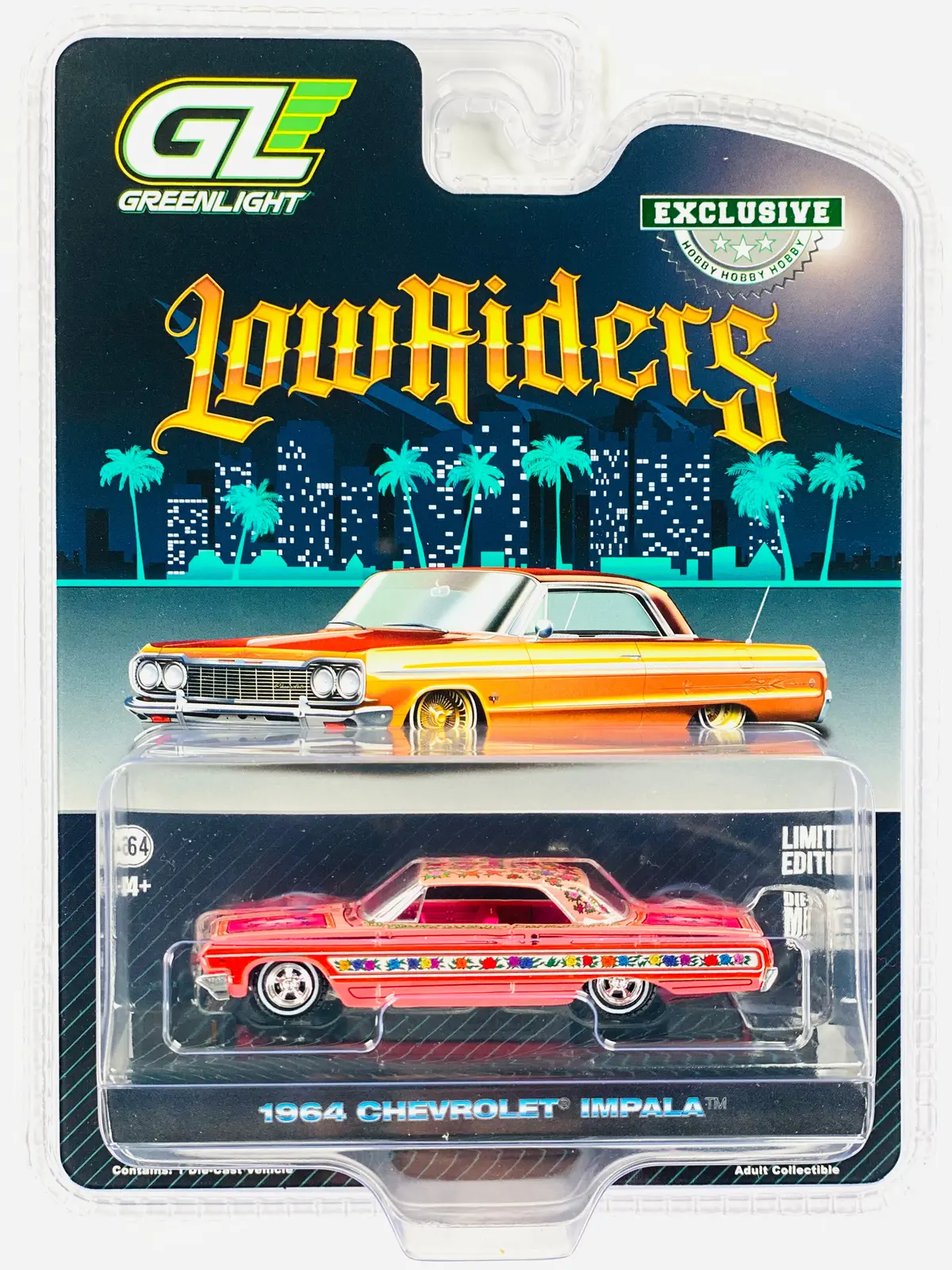 Greenlight Hobby Exclusive Lowriders 1964 Chevrolet Impala Lowrider Pink With Roses 1