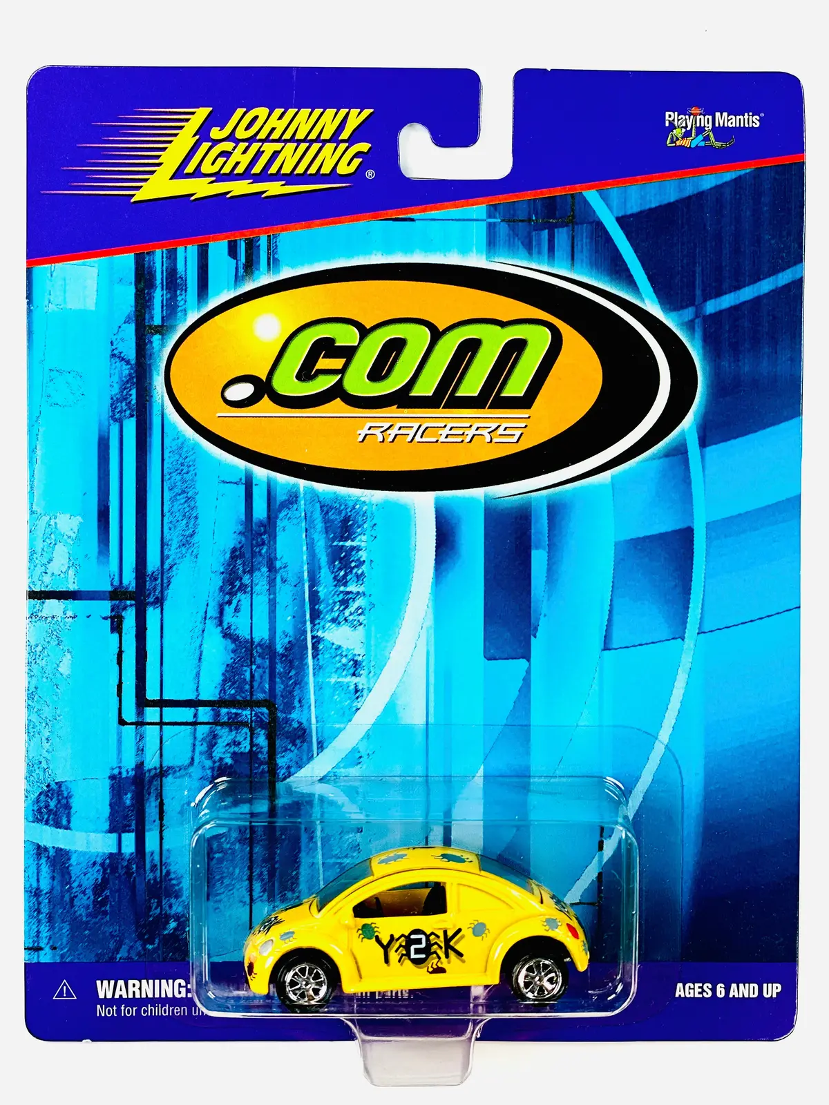 Johnny Lightning Playing Mantis .Com Racers Y2k Bug Yellow - Damaged Card/Blister 1