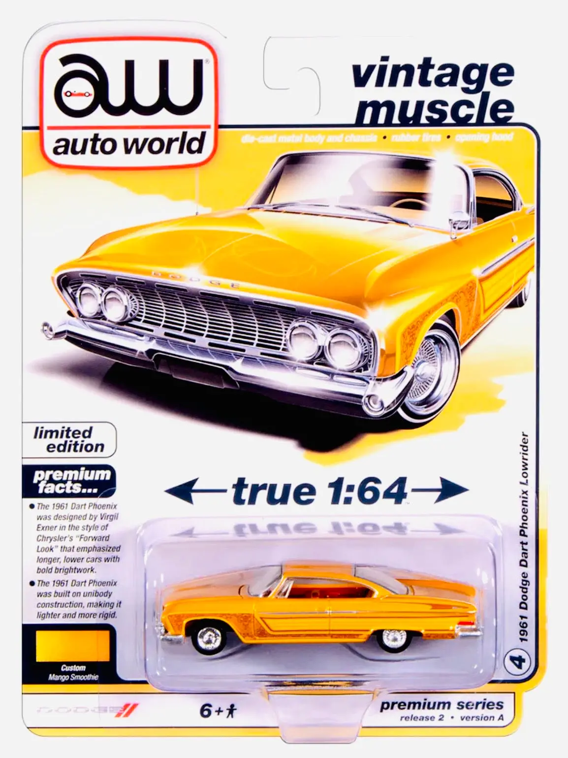 Auto World Vintage Muscle 1961 Dodge Dart Phoenix Lowrider In Mango Smoothie 1