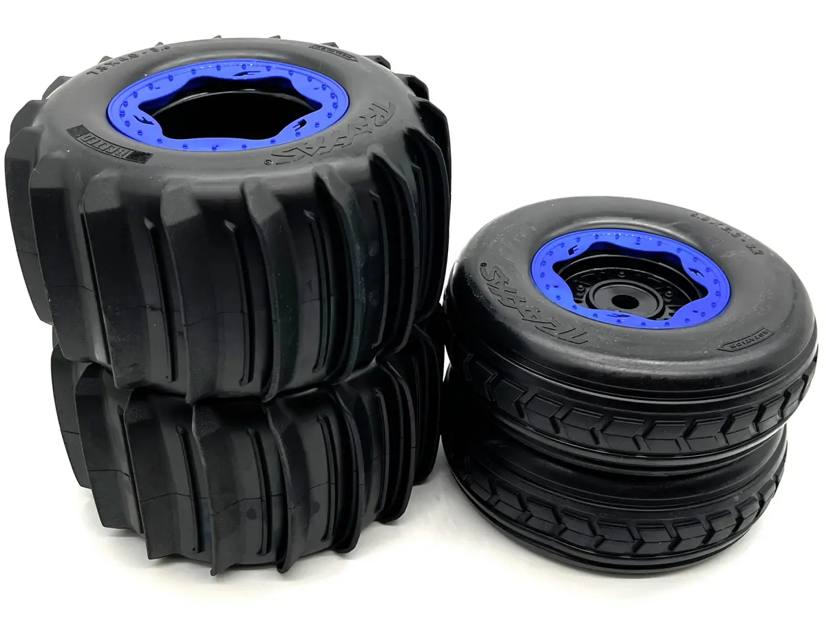 Sand Car Wheels & Tires (Blue) Factory Glued Assembled Front/Rear Traxxas 109076-4 1