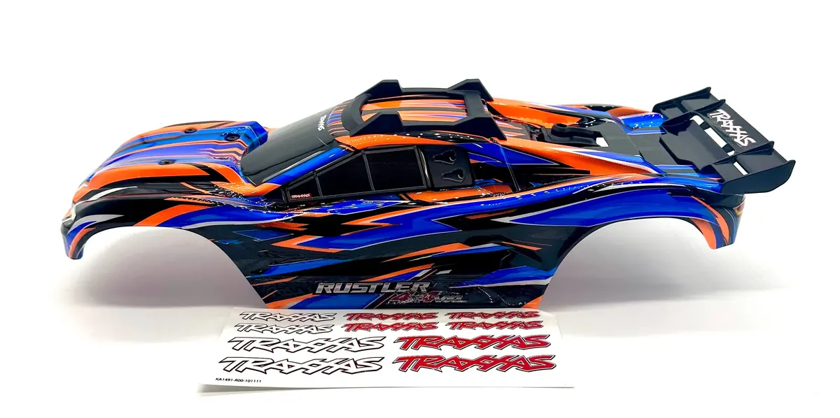 Rustler 4X4 Body Shell (Orange Blue 2026 Shell Decals Clipless Vxl 67376-4 1