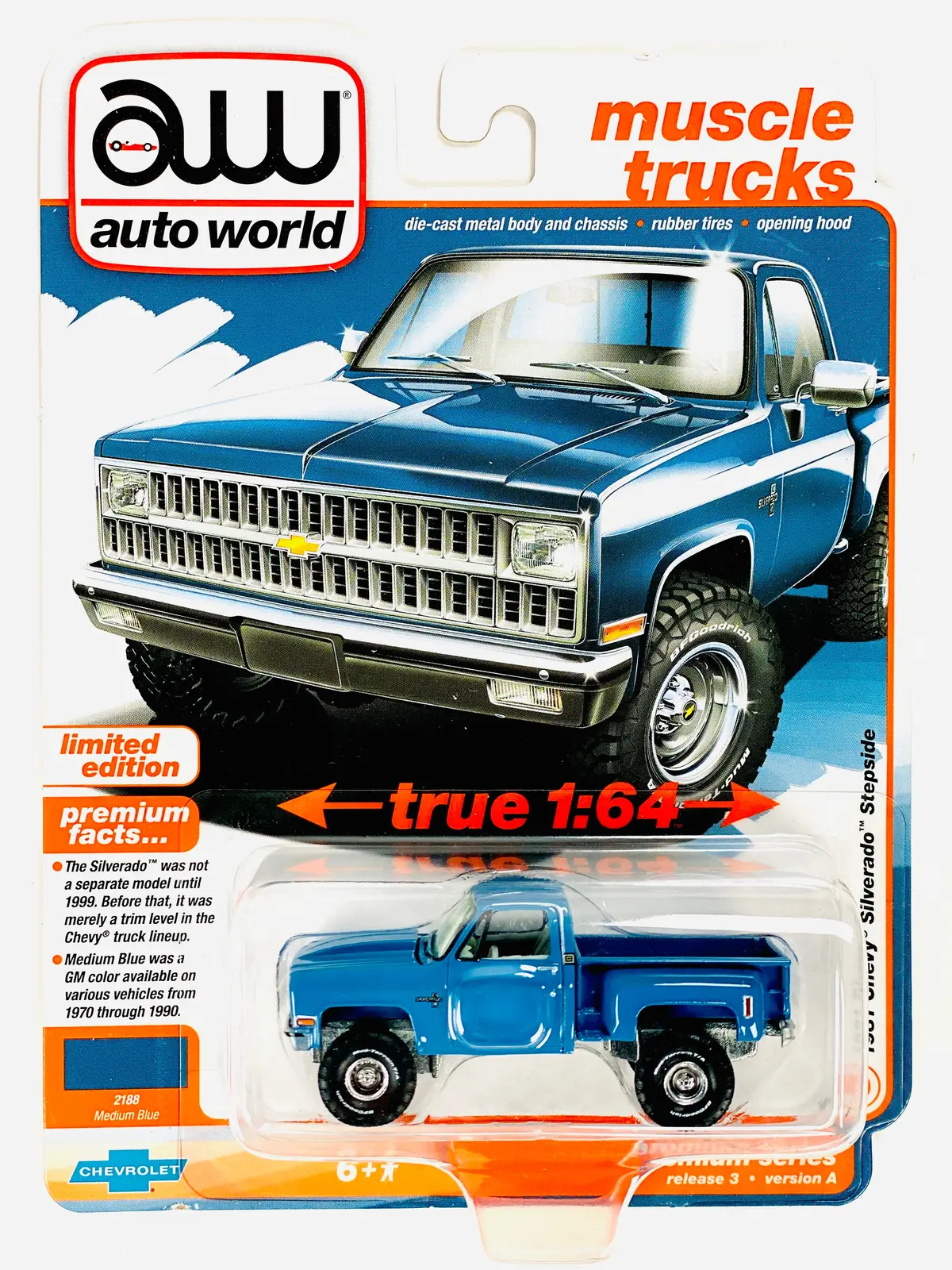 Auto World Muscle Trucks 1981 Chevrolet Silverado Stepside 4X4 Medium Blue - Damaged Card/Blister 1