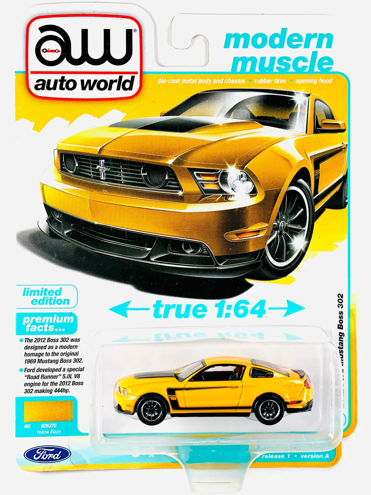 Auto World Modern Muscle 2012 Ford Mustang Boss 302 Yellow Blaze 1