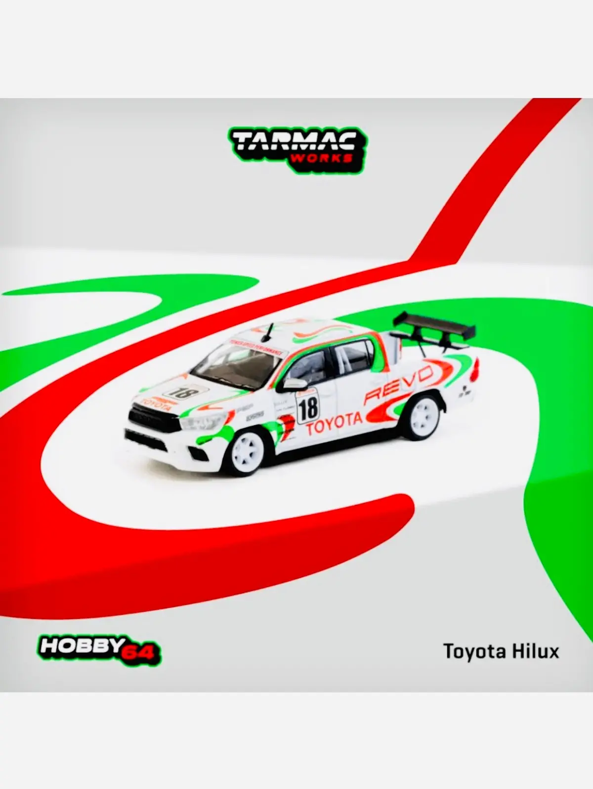 Tarmac Works Factory Sealed Hobby 64 Toyota Hilux Racing #18 White W/ Graphics 1