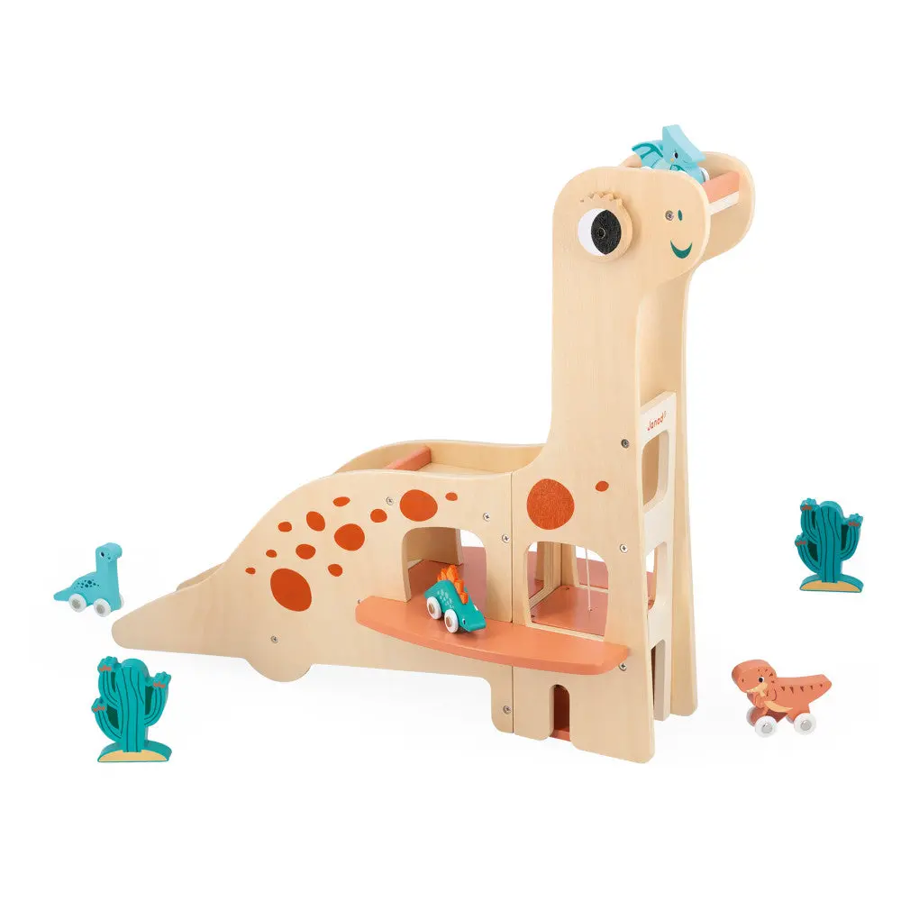 Janod Dino Diplodocus Themed Wooden Garage With Dinosaur Toys 1