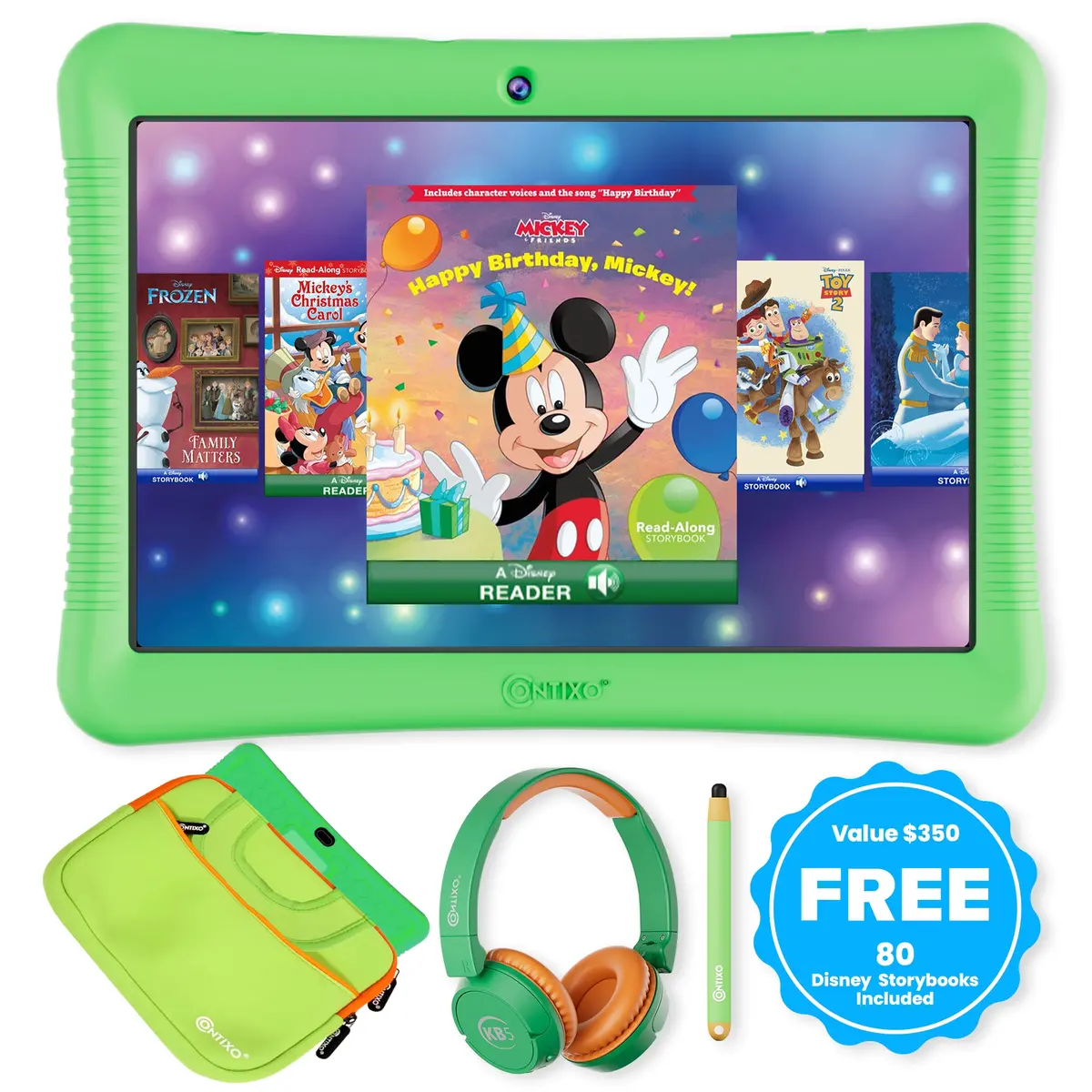 Contixo K102 10" Kids Tablet Bundle With Disney Ebooks & Accessories - Green 1