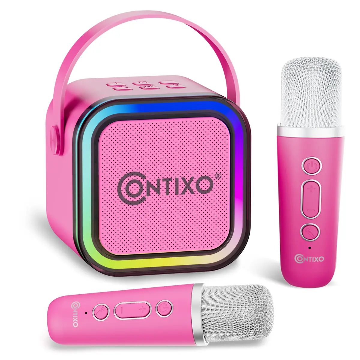 Contixo Mini Karaoke Machine, Party-Ready Portable Bluetooth Speaker + 2 Wireless Mics - Pink 1