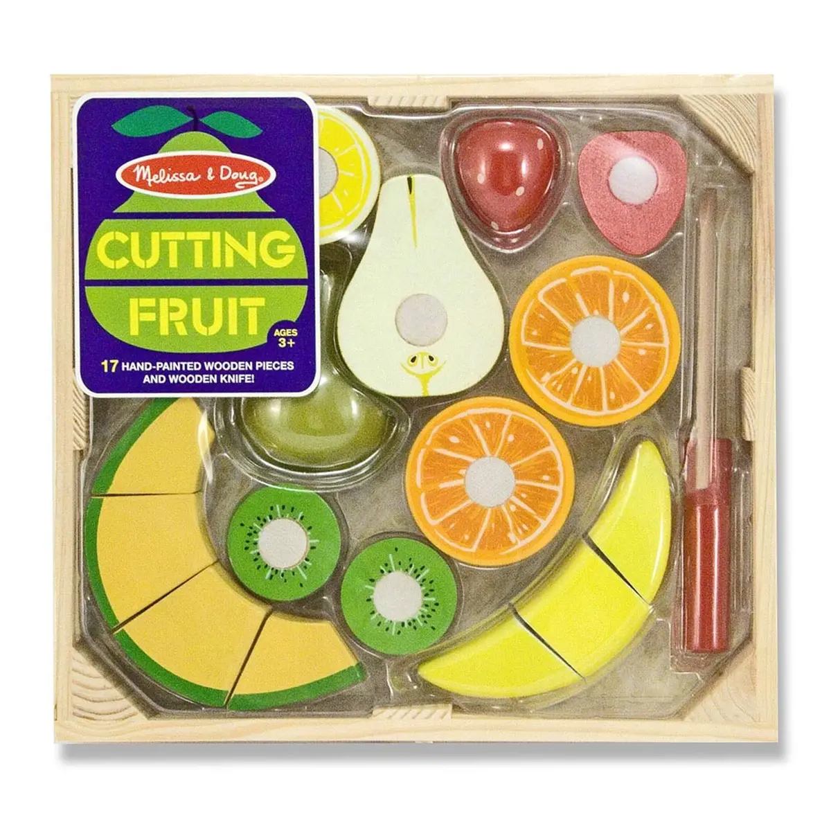 Melissa & Doug 17-Piece Wooden Cutting Fruit Set – Play Food Kitchen Accessory 1