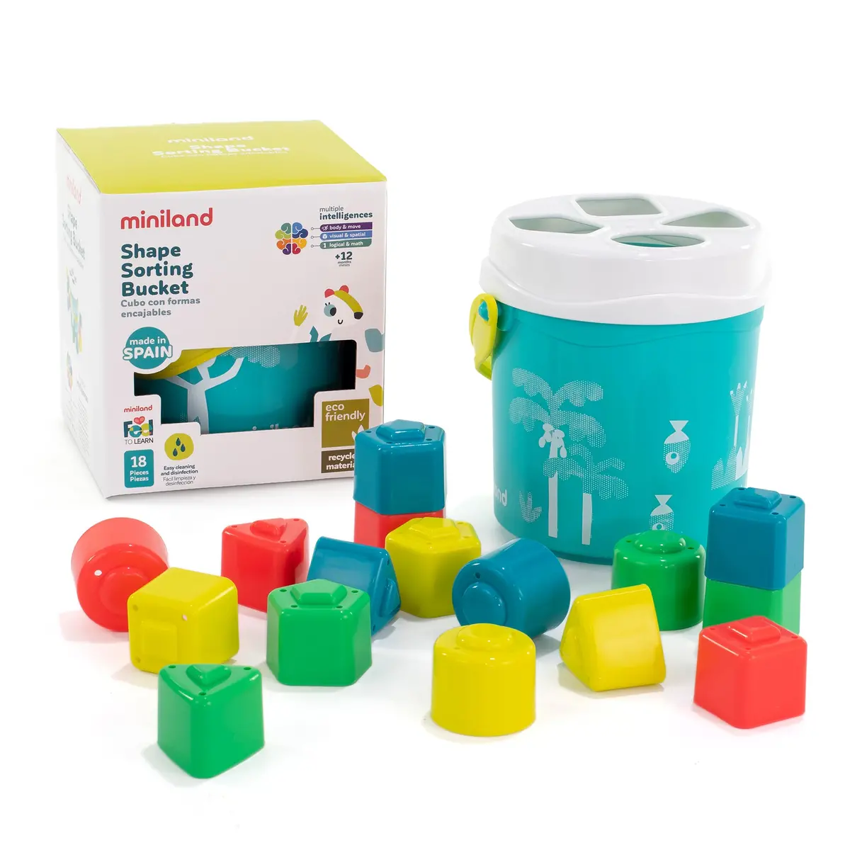 Miniland Feel To Learn - Shape Sorting Bucket - Vibrant Turquoise 1