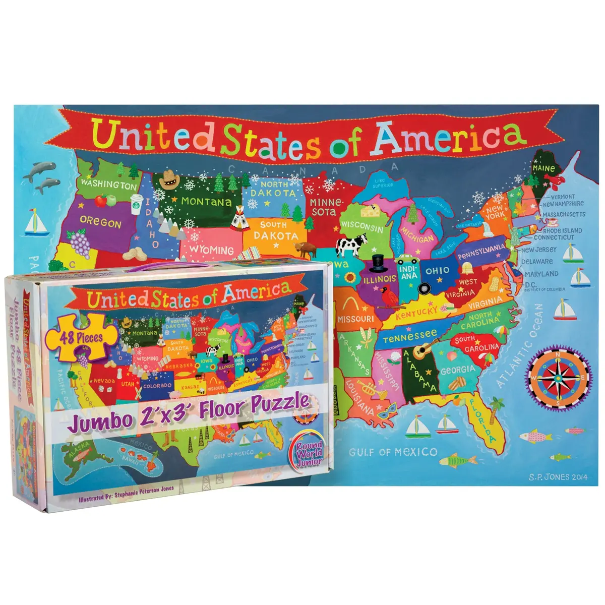 Round World Products Usa Map Floor Puzzle For Kids - 48 Pc 1