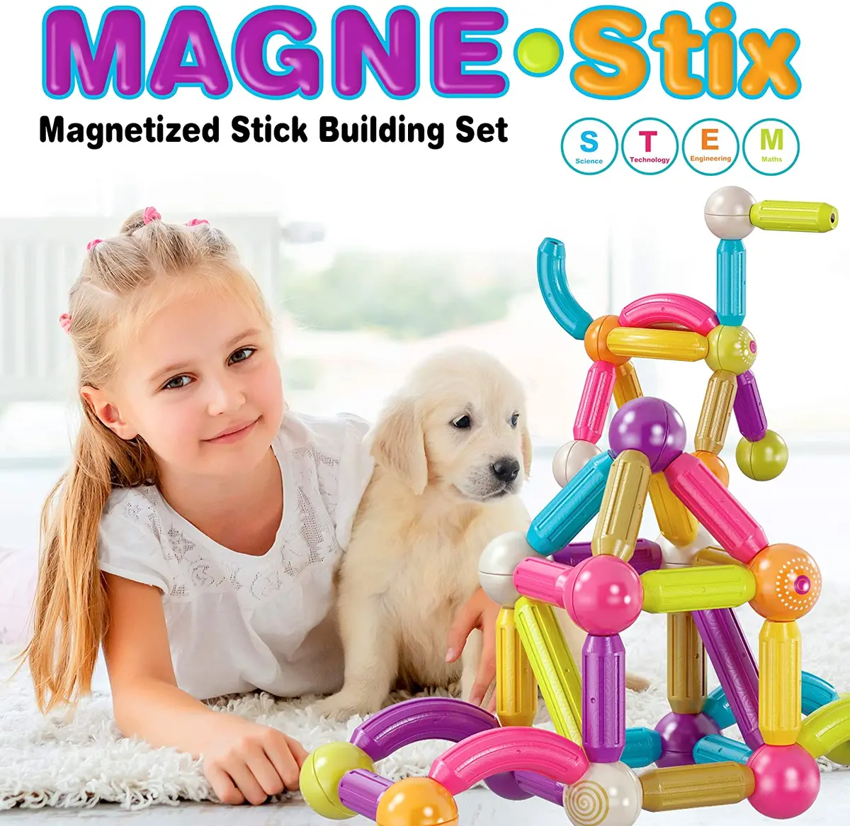 Contixo St2 68-Piece Magnetic Building Sticks Set For Kids - Colorful 3D Construction Blocks 1